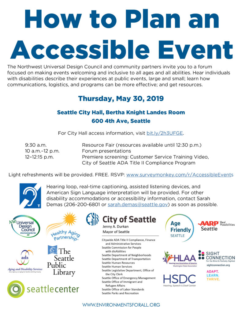 image of flyer for Universal Design Council May 30, 2019 forum on How to Plan an Accessible Event