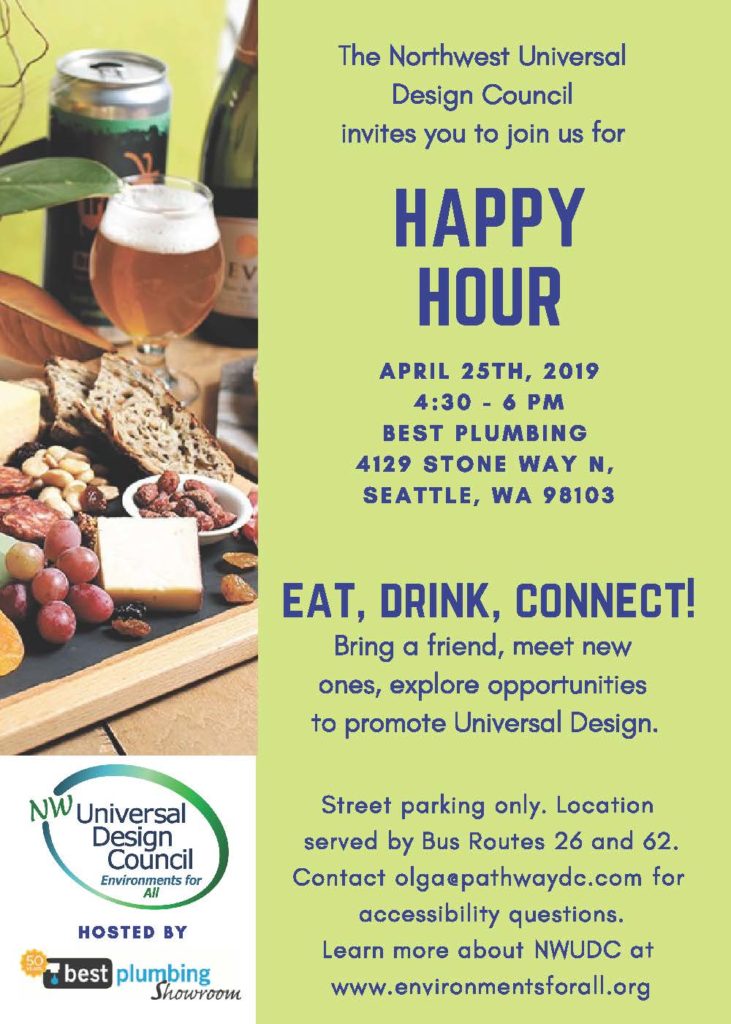 image of a flyer promoting the Universal Design Council happy hour on April 25, 2019 at Best Plumbing in north Seattle.