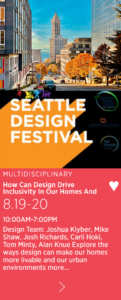 Seattle Design Festival 2023 with illustration of downtown Seattle, Smith Tower, and Pioneer Square
